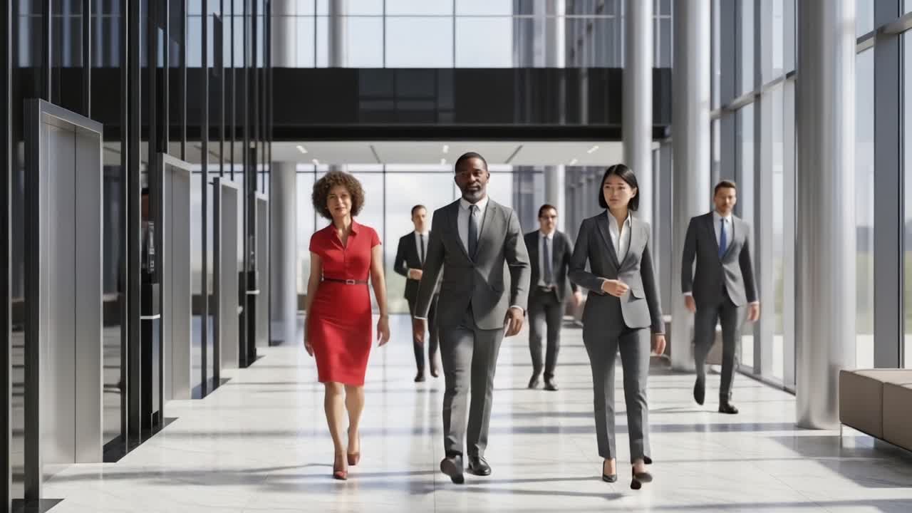 A Group of Professionals Walking Together in a Modern Office Environment, Showcasing Teamwork and Collaboration in a Corporate Setting