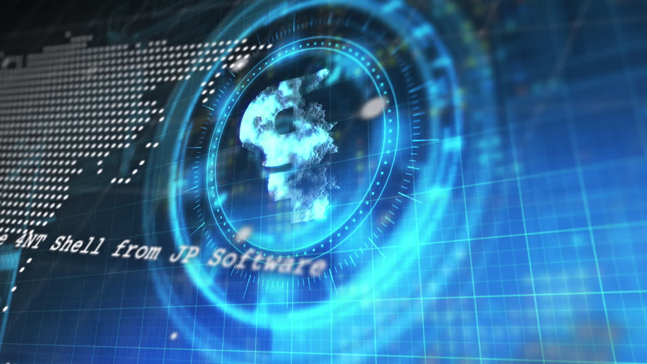 통계 데이터 처리 및 블루 배경에 대한 둥근 스캐너에 대한 러시아 잔해 기호