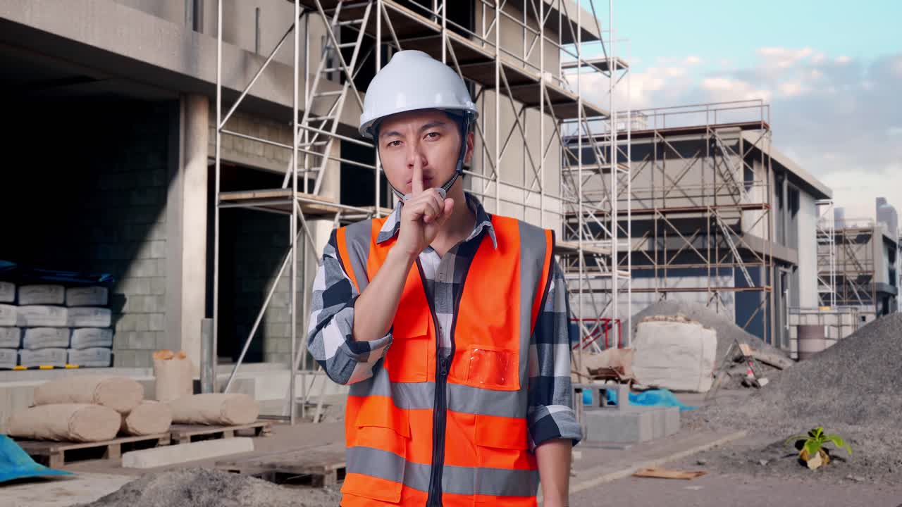 Asian Male Engineer With Safety Helmet Making Shh Gesture While Standing At Building & Construction Site in Progress to New House