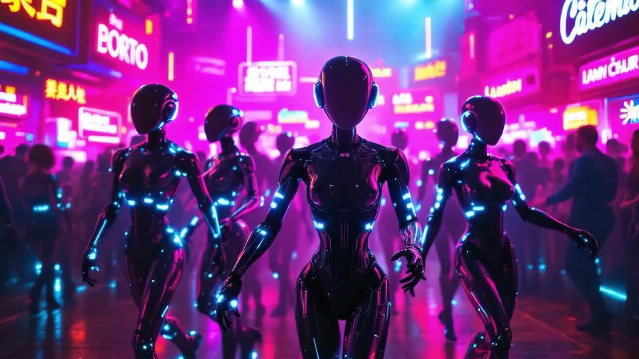 Roboterfiguren tanzen inmitten leuchtender Neonlichter und stellen eine futuristische Nachtclub-Szene mit fortschrittlicher Technologie der künstlichen Intelligenz dar.