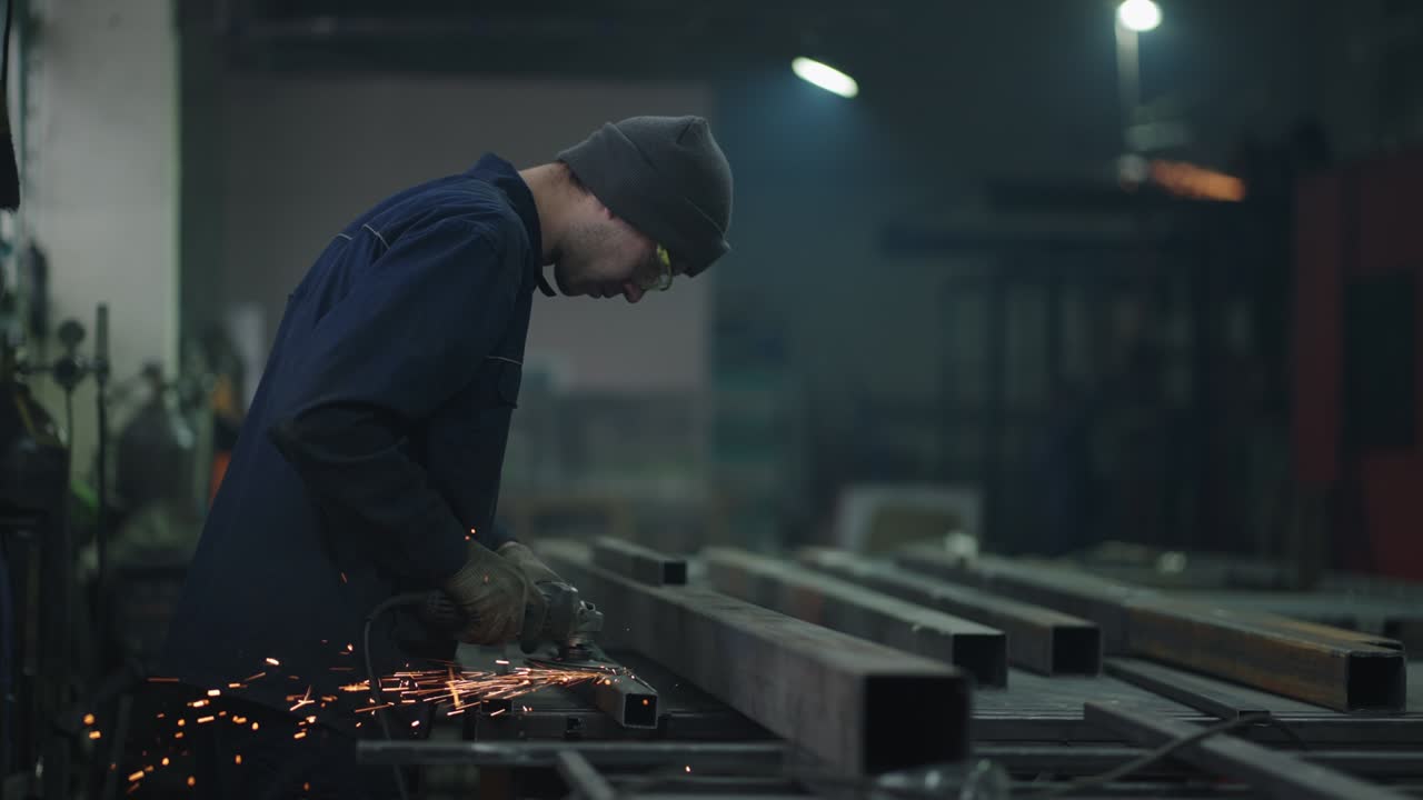 Operaio dell'industria pesante che taglia l'acciaio con una smerigliatrice angolare. Operaio manuale dell'industria pesante