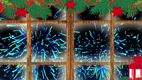 Lámpara-De-Navidad-Y-Marco-De-Ventana-De-Madera-Contra-La-Explosión-De-Fuegos-Artificiales-Sobre-Fondo-Negro