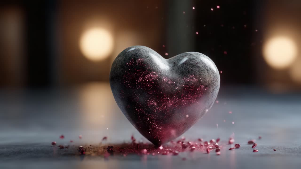 A mesmerizing heart-shaped stone radiating cosmic beauty with sparkling particles, symbolizing love, emotion, and the universe's mysteries in an artistic composition