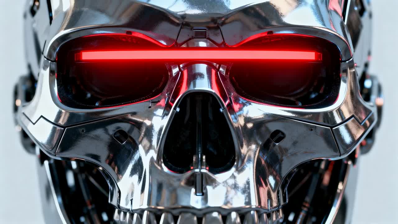 Inquadratura che si allontana, teschio robotico cromato che mostra barra LED rossa brillante e denti, attivazione in studio