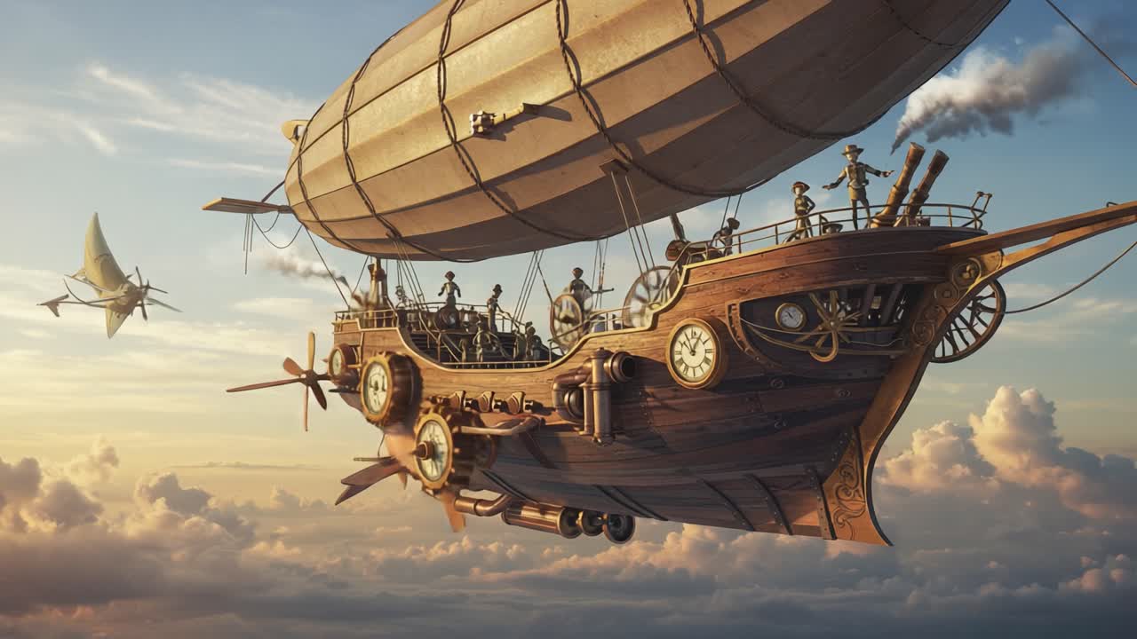 An Impressive Steampunk Airship Glides Through a Majestic Sky, Capturing the Imagination with Its Elaborate Design and Vibrant Color Palette Against a Cloud-covered Horizon