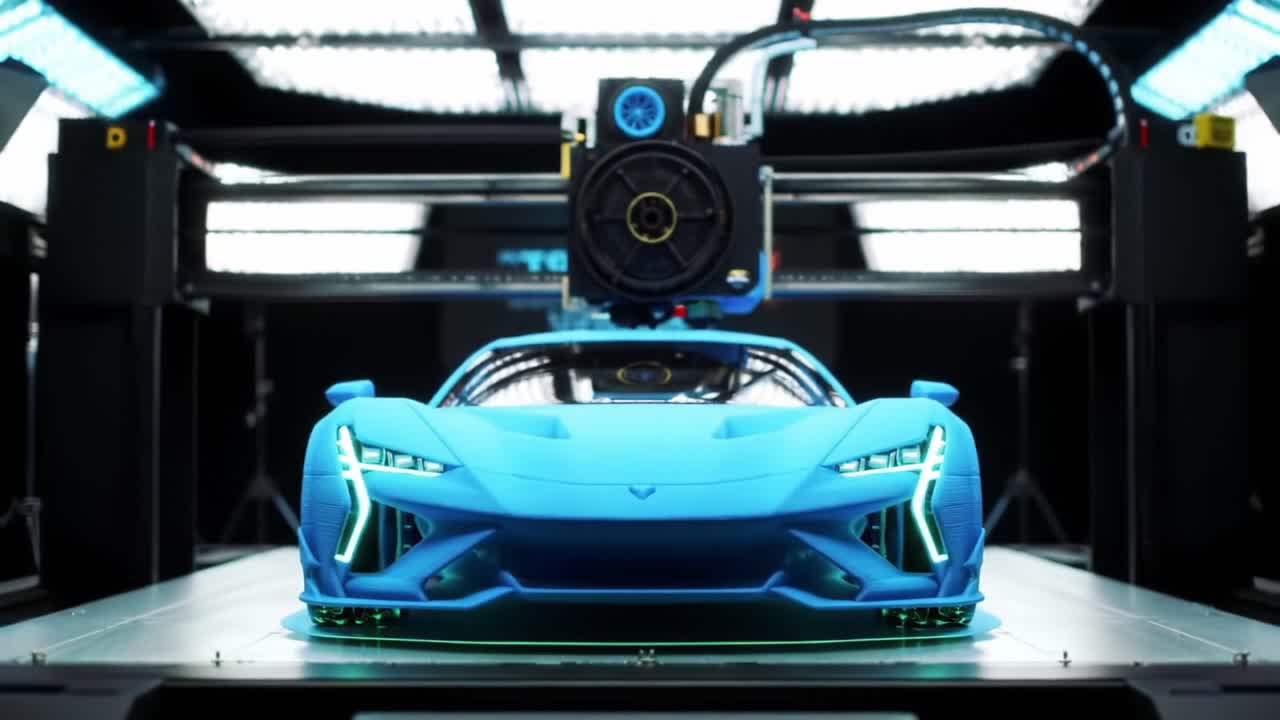 Advanced 3D Printing Technology Showcases a Sleek Blue Car Model in a Studio Setting, Highlighting Innovation and Precision in Automotive Design