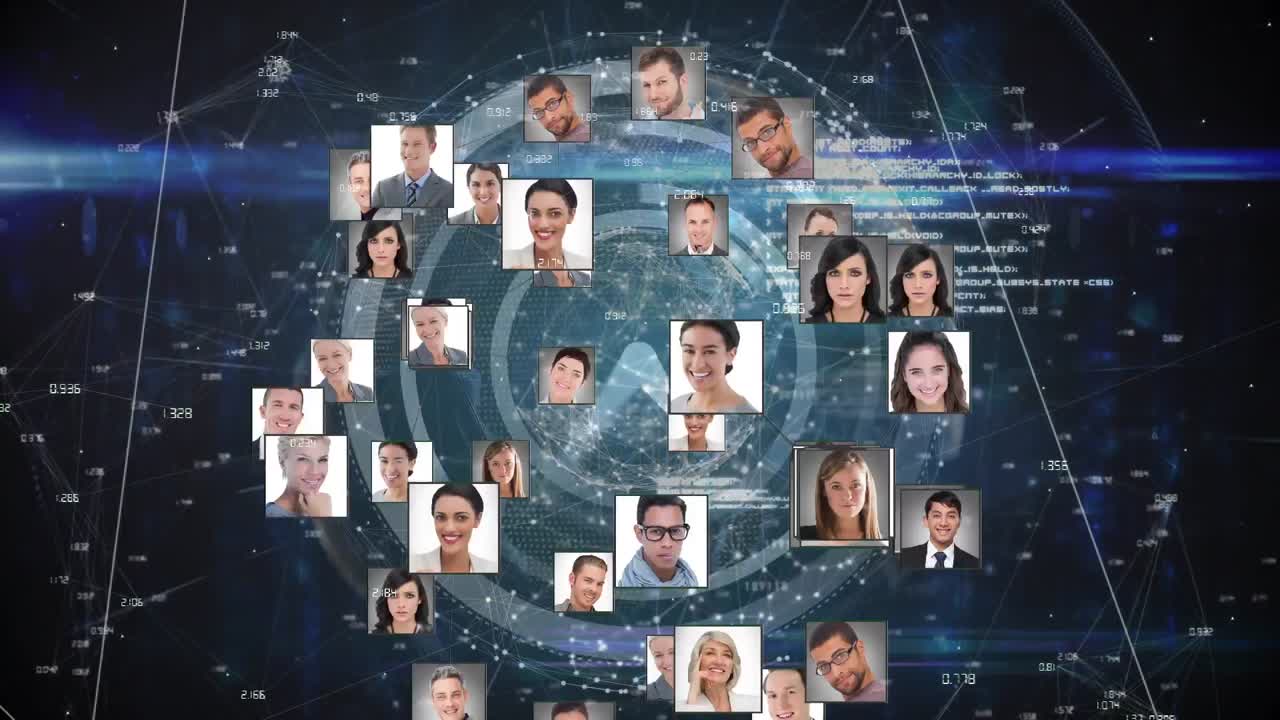 animación del globo con fotos de la gente de la red y procesamiento de datos