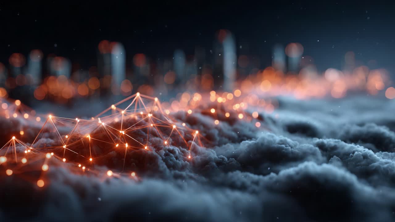 A Stunning Visual Representation of Digital Connectivity, Showcasing Networks of Light and Clouds in a Futuristic Cityscape, Merging Technology and Nature in Harmony