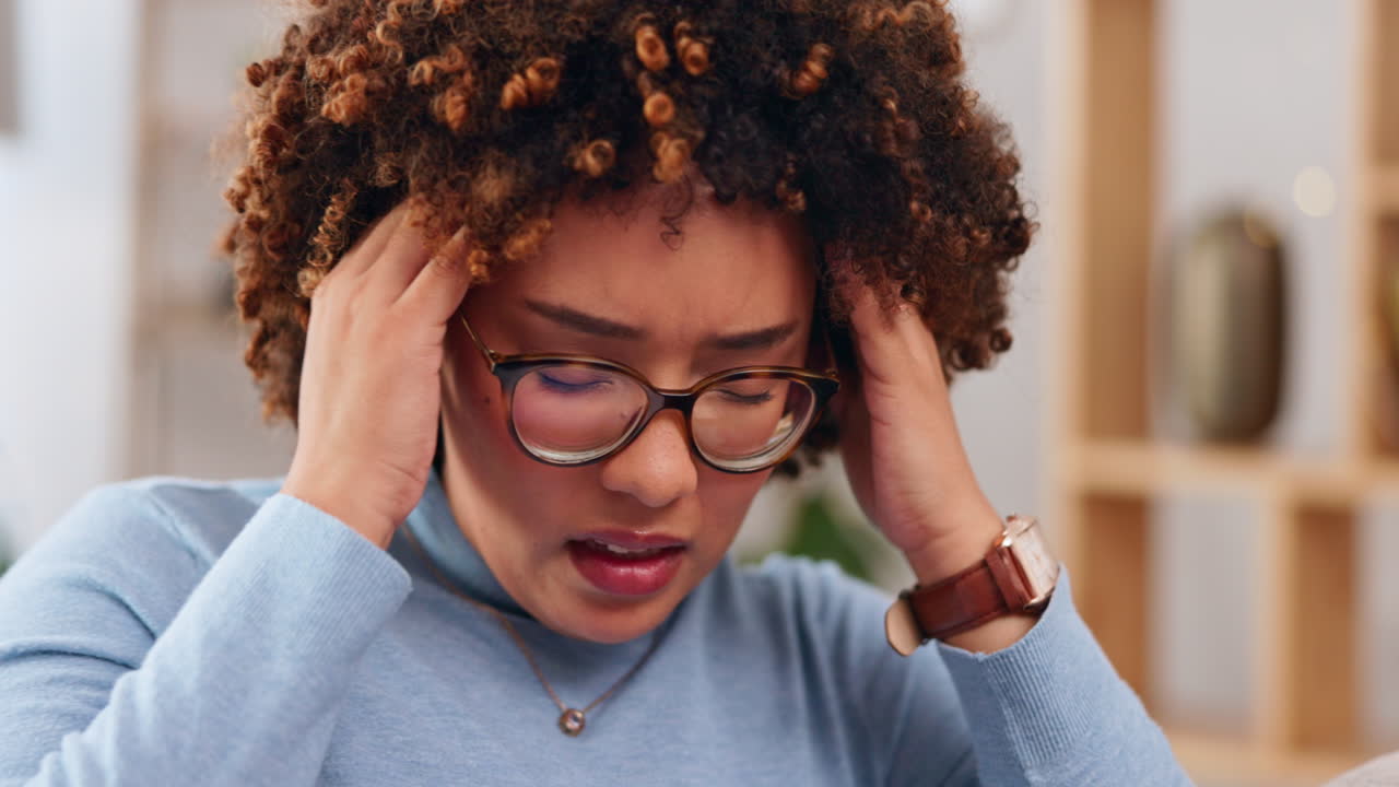 Headache, woman and pain in home from stress