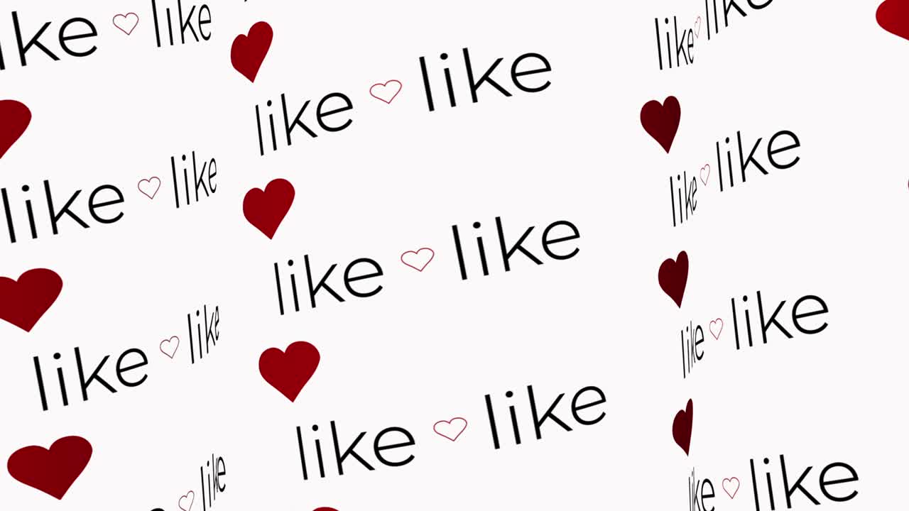 Social media red heart like 4k and hd video, moving text motion graphic. looping and seamless animated lettering