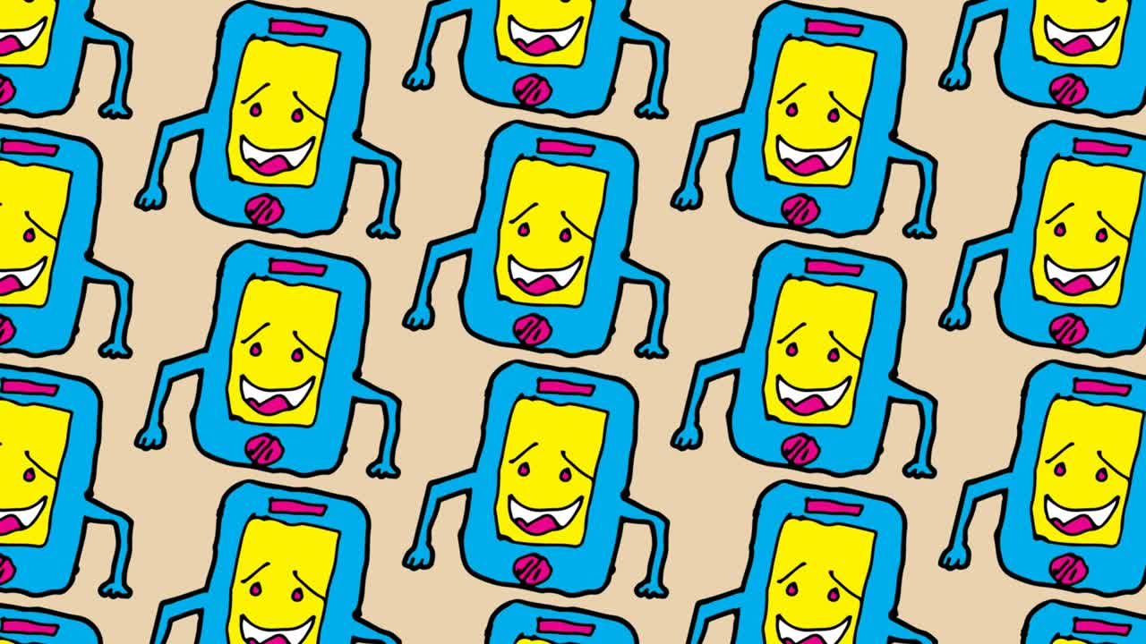 아이들이 스마트폰 테마로 팝 아트 시엄리스 배경을 그리고 있습니다.