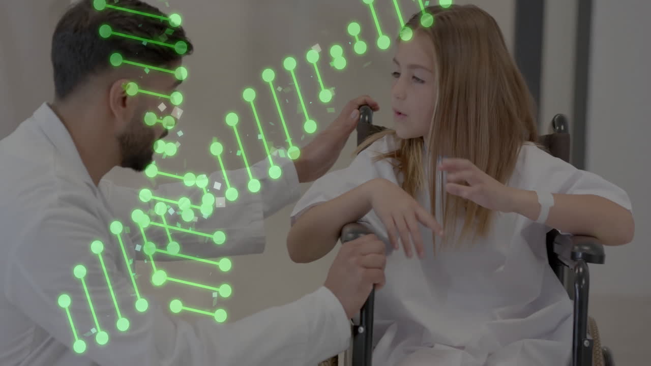 체어에 앉은 어린 환자를 돕는 의사 위의 dna 줄기 애니메이션