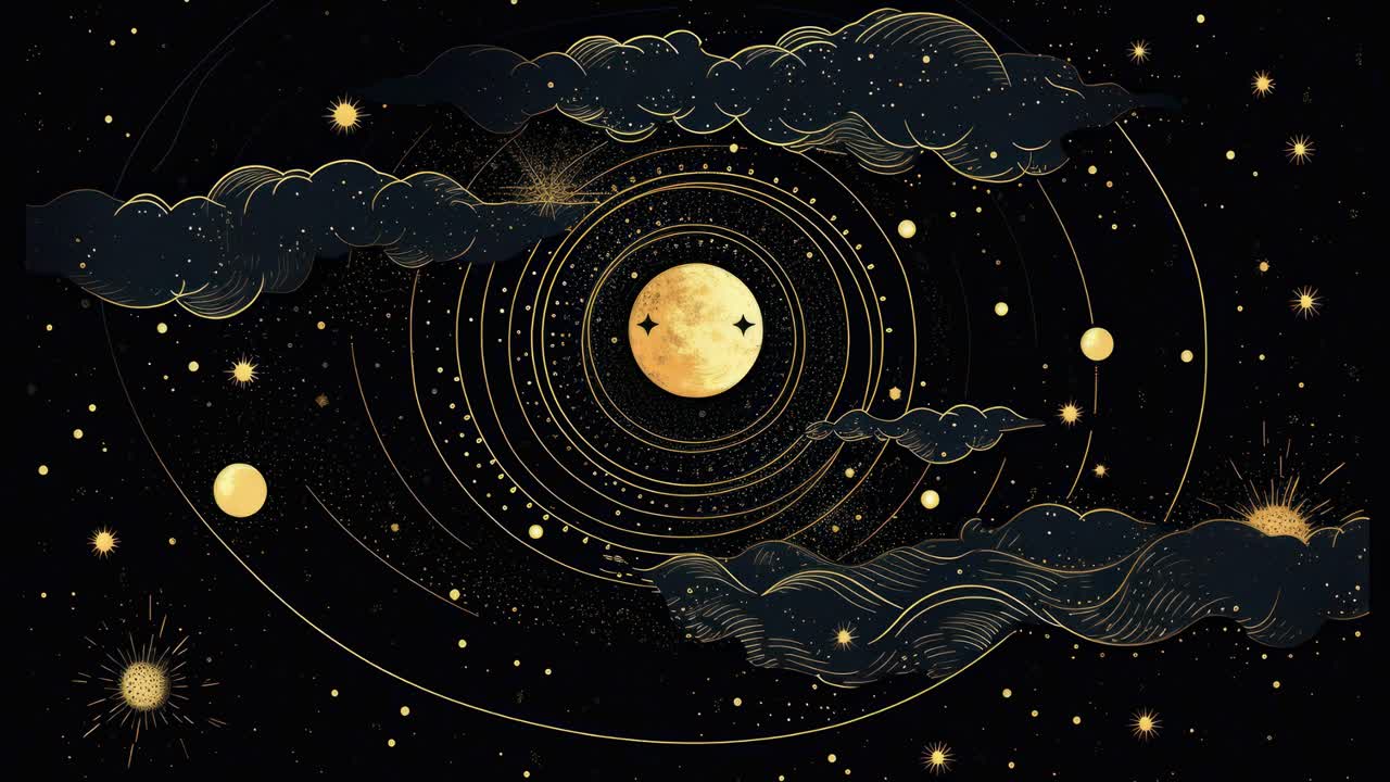 Video arte a tema celeste con un angolo dall'alto, con una luna dorata e nuvole vorticose