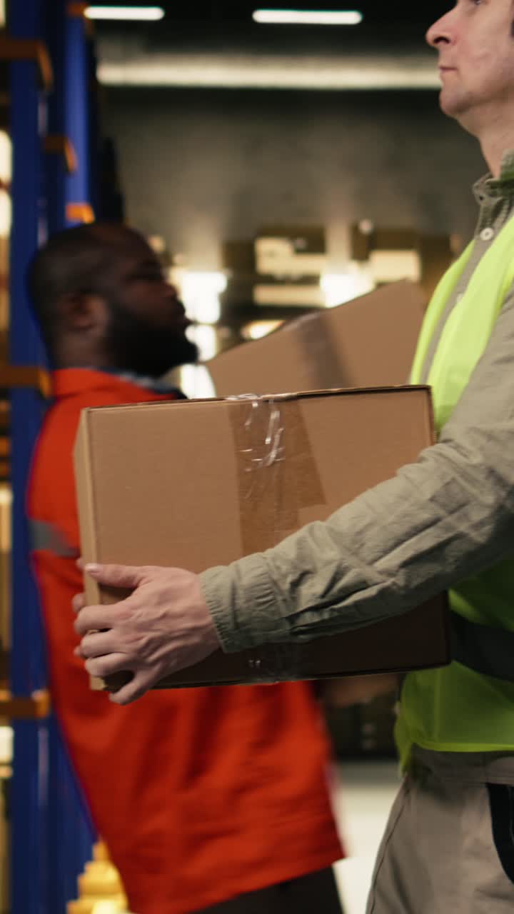 Vertical Video Carrying Storage Boxes, Fulfillment Center Worker, Securing Cargo For Dispatch
