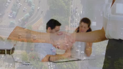 Animation-of-caucasian-businesspeople-shaking-hands-over-cityscape