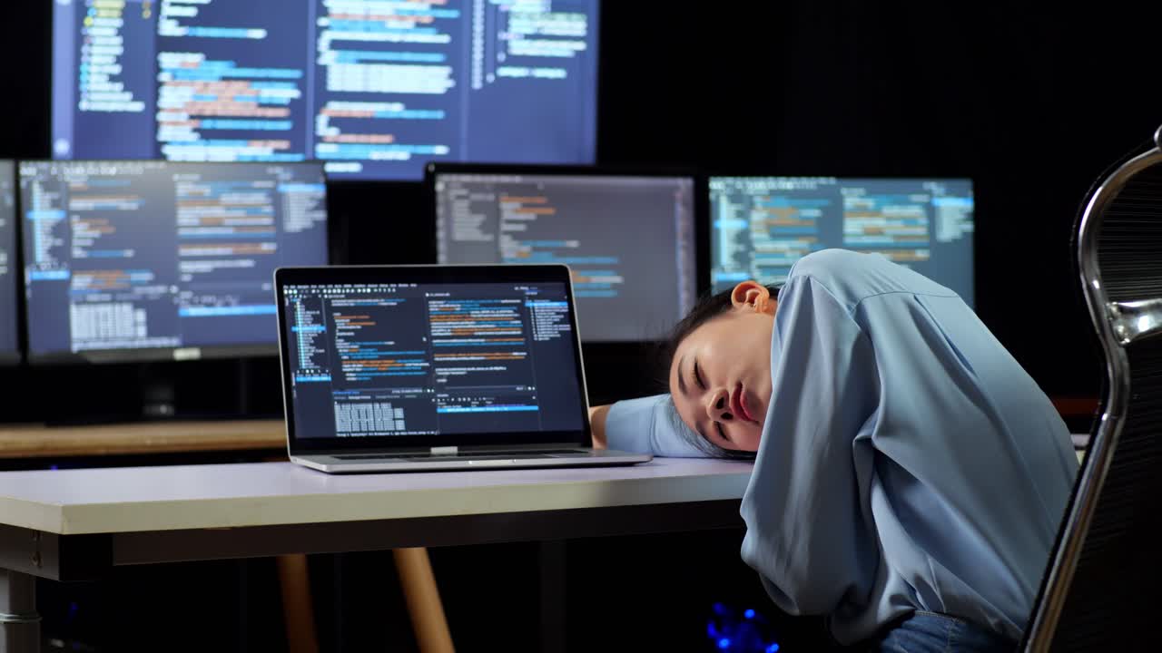 Back View Of Asian Female Programmer Sleeping While Writing Code By A Laptop Using Multiple Monitors Showing Database On Terminal Window Desktops In The Office