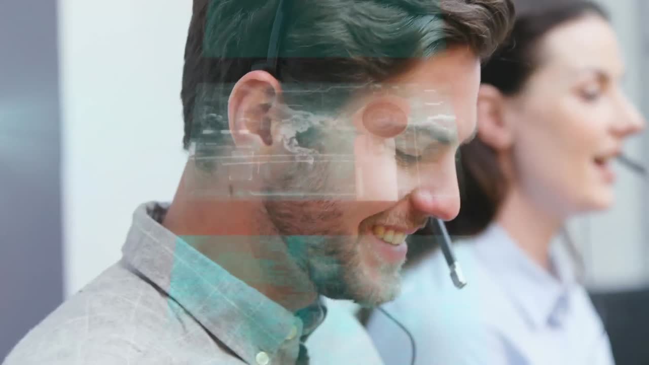 Animation of data processing over business people using phone headsets