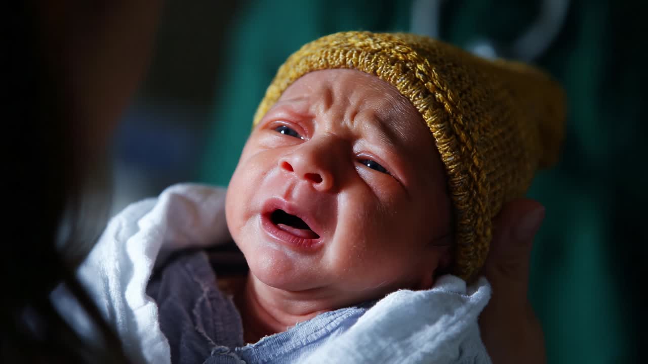A Heartfelt Moment Captured: A Newborn Baby Crying in a Cozy Blanket with a Soft Yellow Hat, Showing Emotions in an Intimate Setting, Emphasizing the Tenderness and Vulnerability of Infancy