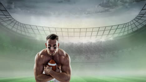 animación de un jugador de rugby sosteniendo la pelota sobre un estadio deportivo