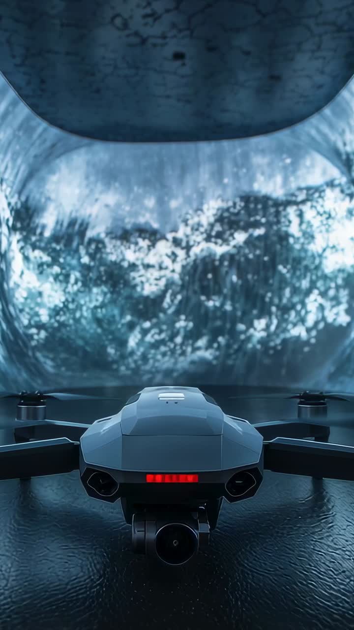 Vertical video: Reacting compact drone nudging gimbal to shifting backdrop with rear LED in studio