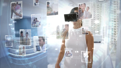 businesswoman wearing virtual reality headset