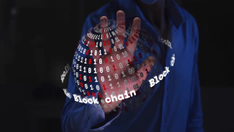 animation of globe with data processing and text over hand of caucasian man on black background