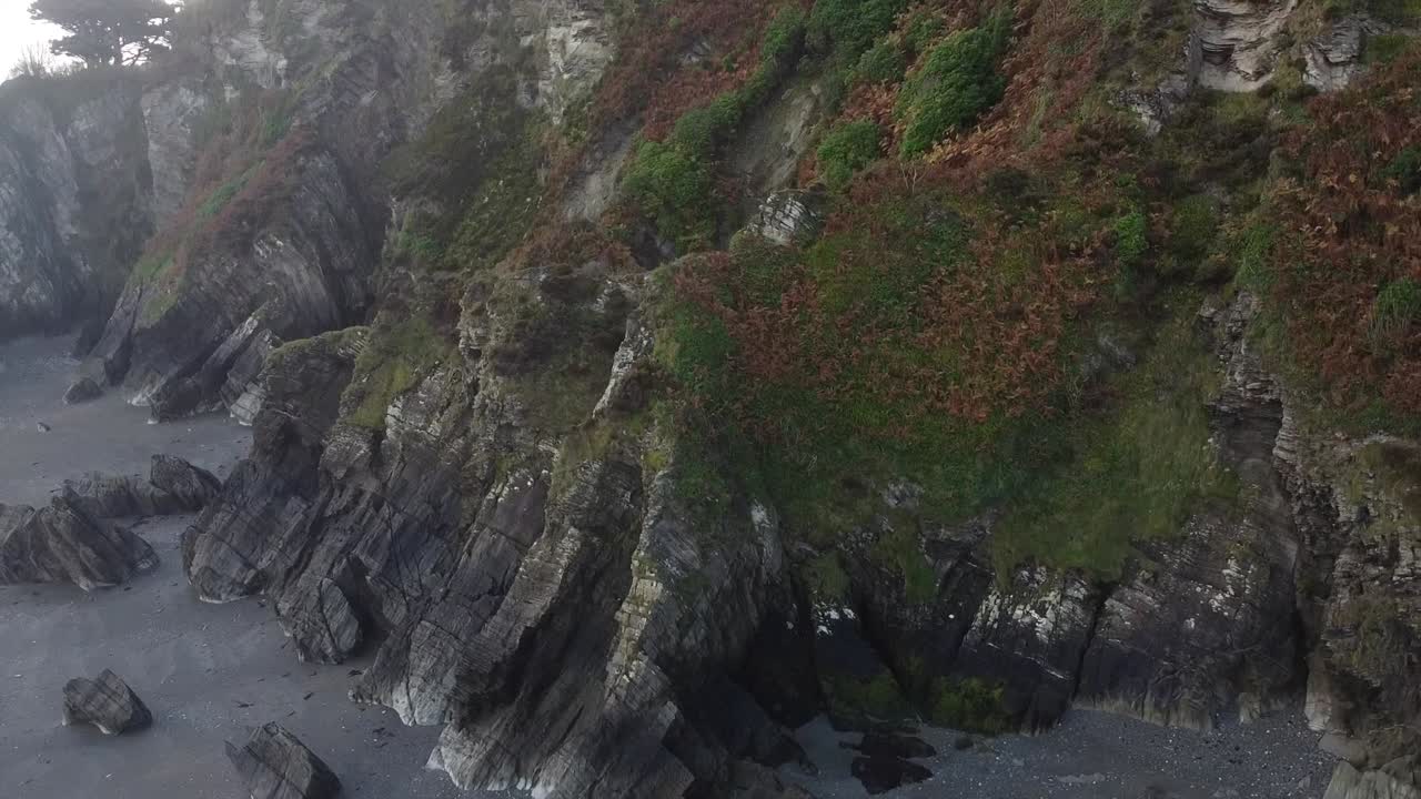 drone aéreo panorámico e inclinación de una formación rocosa de bosque verde en una playa negra bajo un acantilado - lee bay, playa, ilfracombe, devon, inglaterra