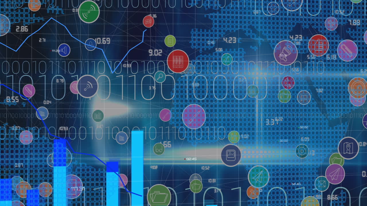 Animation of digital icons and data processing with binary coding over world map in background