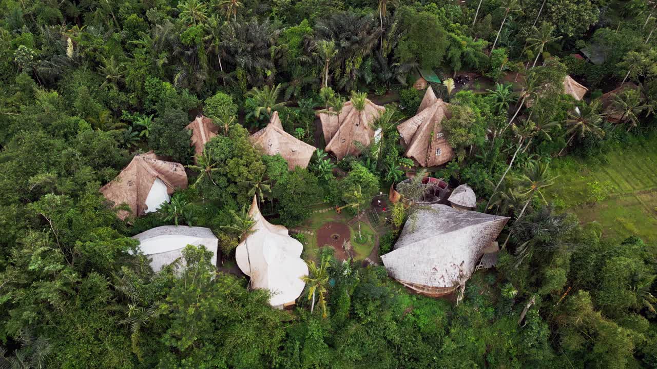 Pemandangan Drone Udara Desa Ekowisata Tropis Berkelanjutan dengan Rumah Kayu yang Terselip di Kanopi Hutan Hujan Lebat Dikelilingi Pohon Kelapa dan Pedesaan di Indonesia
