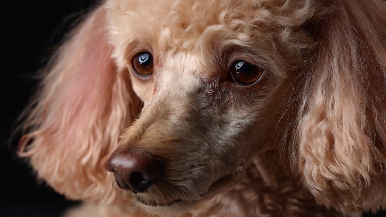 Un primo piano di un cane morbido e soffice con dei bellissimi occhi marroni e un caratteristico pelo riccio, catturato in un ambiente con illuminazione professionale.