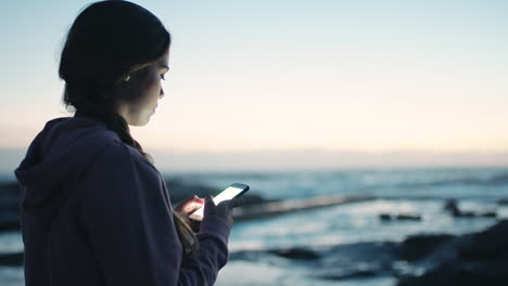 woman, phone and texting at the beach on mockup