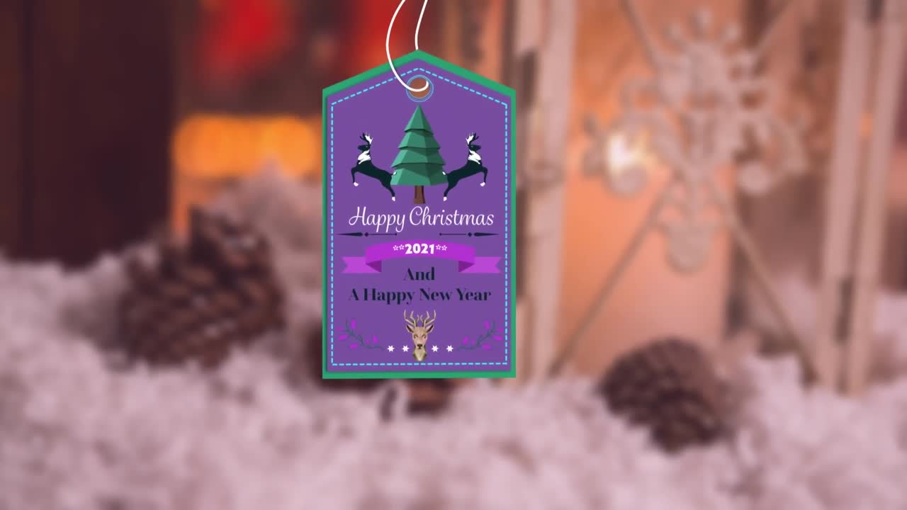 animación del texto de feliz navidad sobre cones de pino.