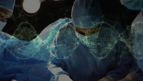 surgical team performing surgery in operating room, displaying green digital network overlay