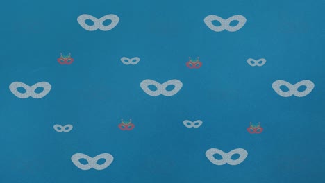 animation of carnival mask repeated on blue backgroud