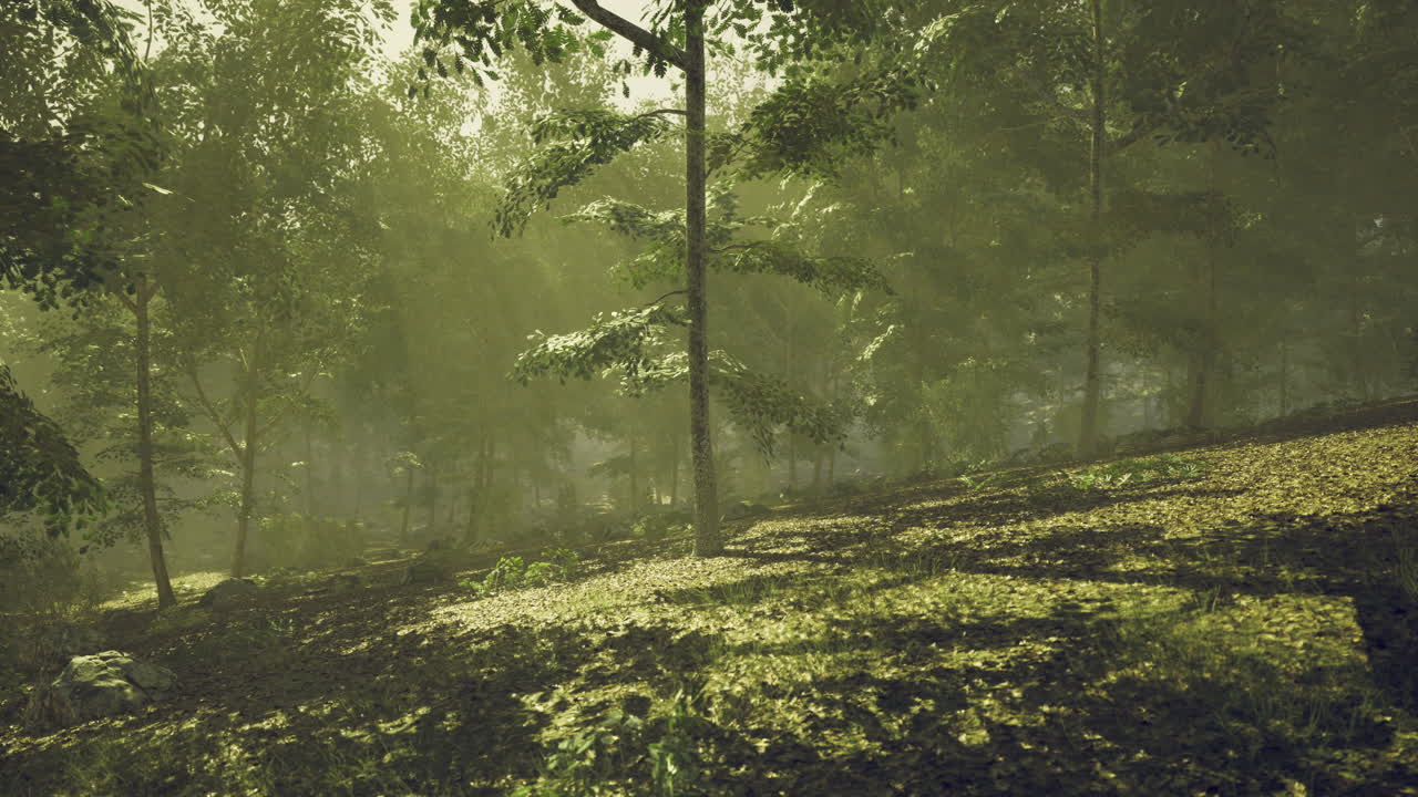 Morning sunlight filters through trees in a lush forest