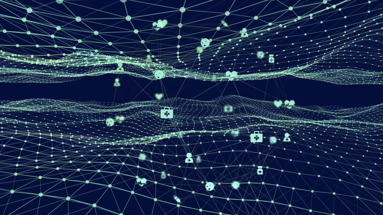 파란색 배경에 있는 메쉬 위의 연결 네트워크의 글로브의 애니메이션