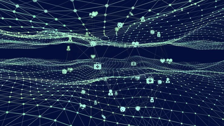 Animation of globe of network of connections over mesh on blue background