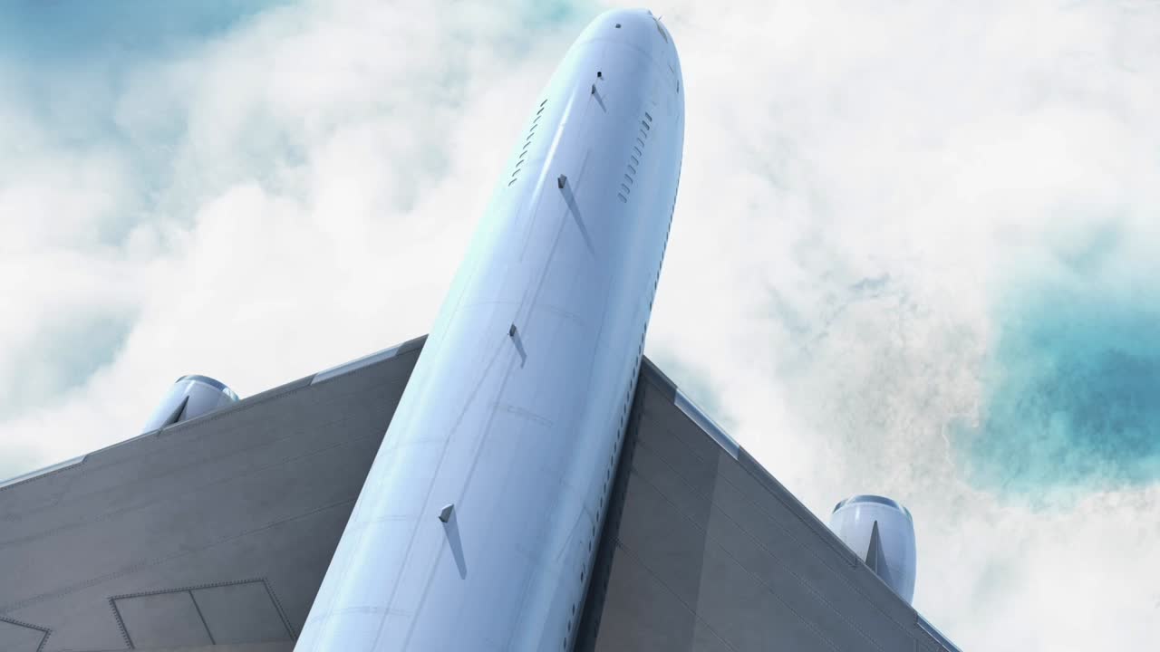 CGI animation of commercial passenger jet soaring through white clouds, aerial view from above. Blue sky visible. Ideal for travel, aviation, global concepts, background footage