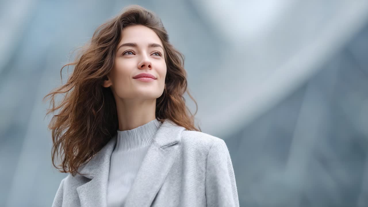 Capturing Serenity: A Young Woman in a Gray Coat Looks Upward with a Content Smile as Her Hair Gently Flows in the Breeze Against a Softly Blurred Background