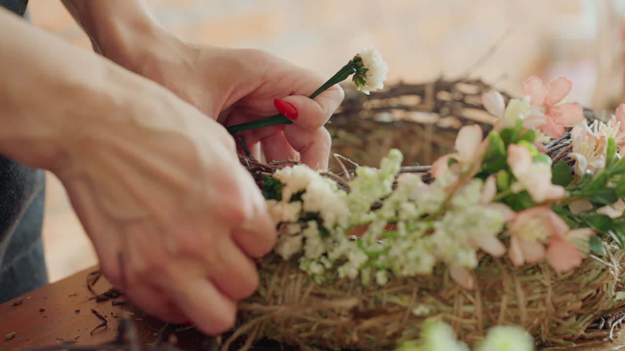 Close up of female hands arranging small white flowers into handmade floral wreath with twigs and hay, highlighting delicate craftsmanship, creativity, and rustic decorative design process in natural style