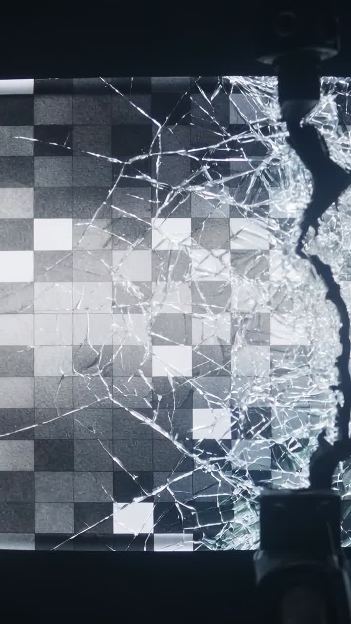 Video verticale: sonda pressante che crea crepe radiali sullo schermo durante un test di stress di laboratorio, copy space