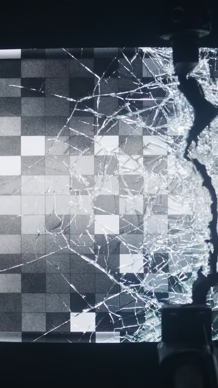 Vertical video: Pressing probe creating radial cracks across display in lab stress test, copy space