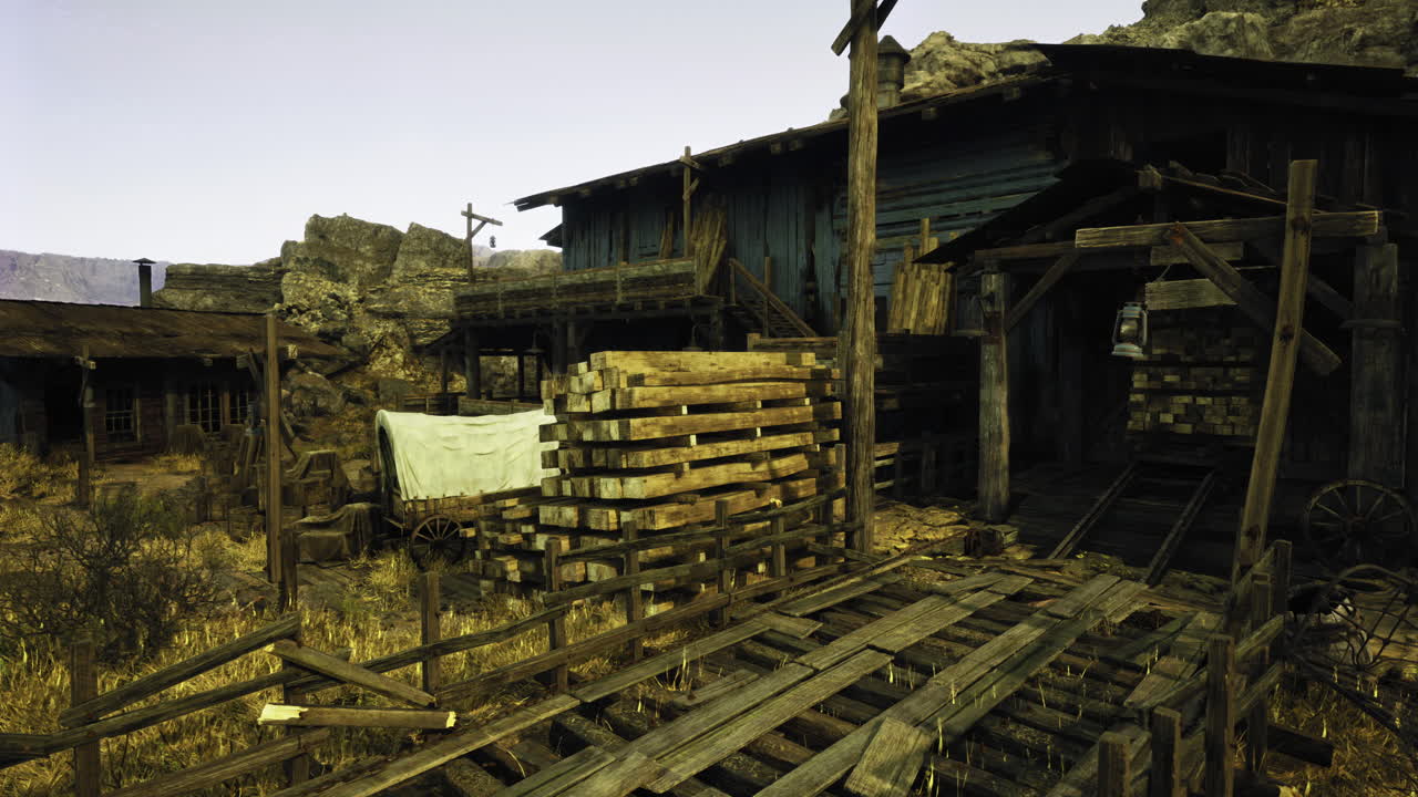 Old western mining town with wooden structures and rustic atmosphere