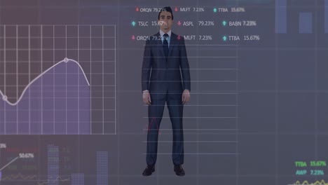 Animation-of-graphs,-loading-circle,-trading-boards,-caucasian-man-standing-against-white-background