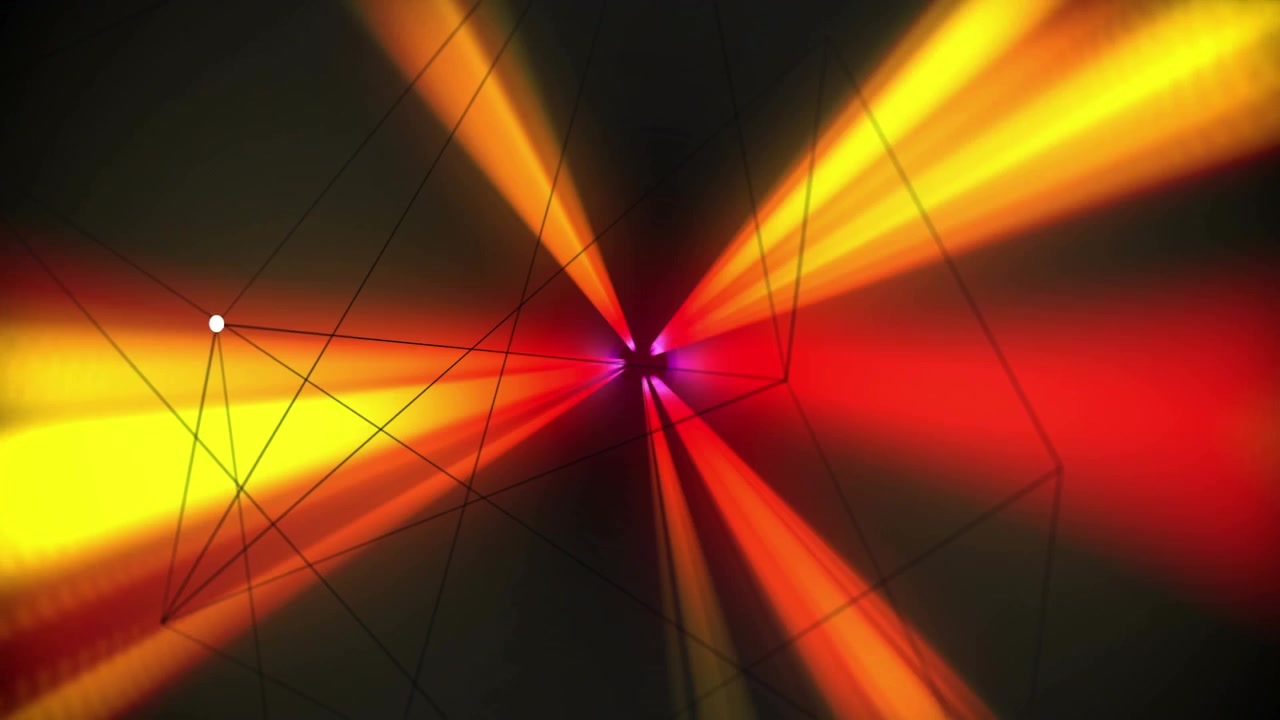 Animace 3D geometrických tvarů nad oranžovými světly