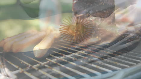 grilling sausages and meat outdoors with argentine flag animation overlay