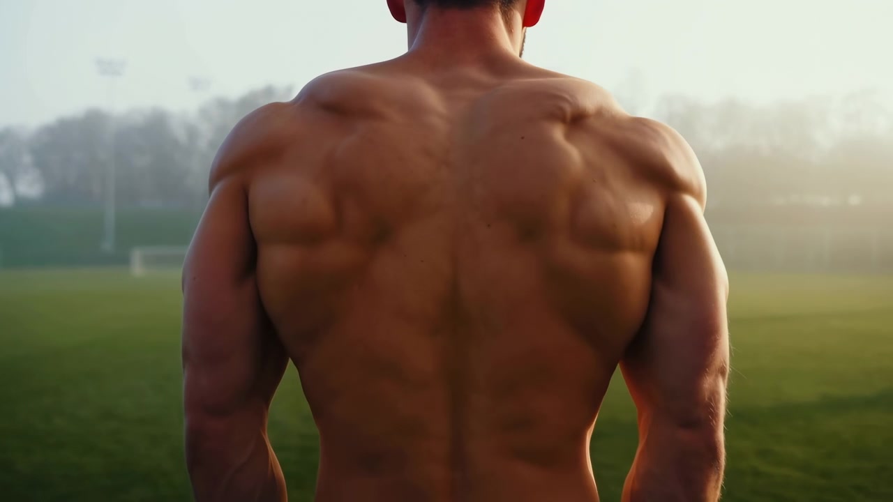 Vista posteriore di un uomo atletico a torso nudo che si china in avanti su un campo sportivo, mostrando schiena e spalle forti contro alberi delicati, pali della porta e una leggera foschia con luce solare calda e un'atmosfera disciplinata
