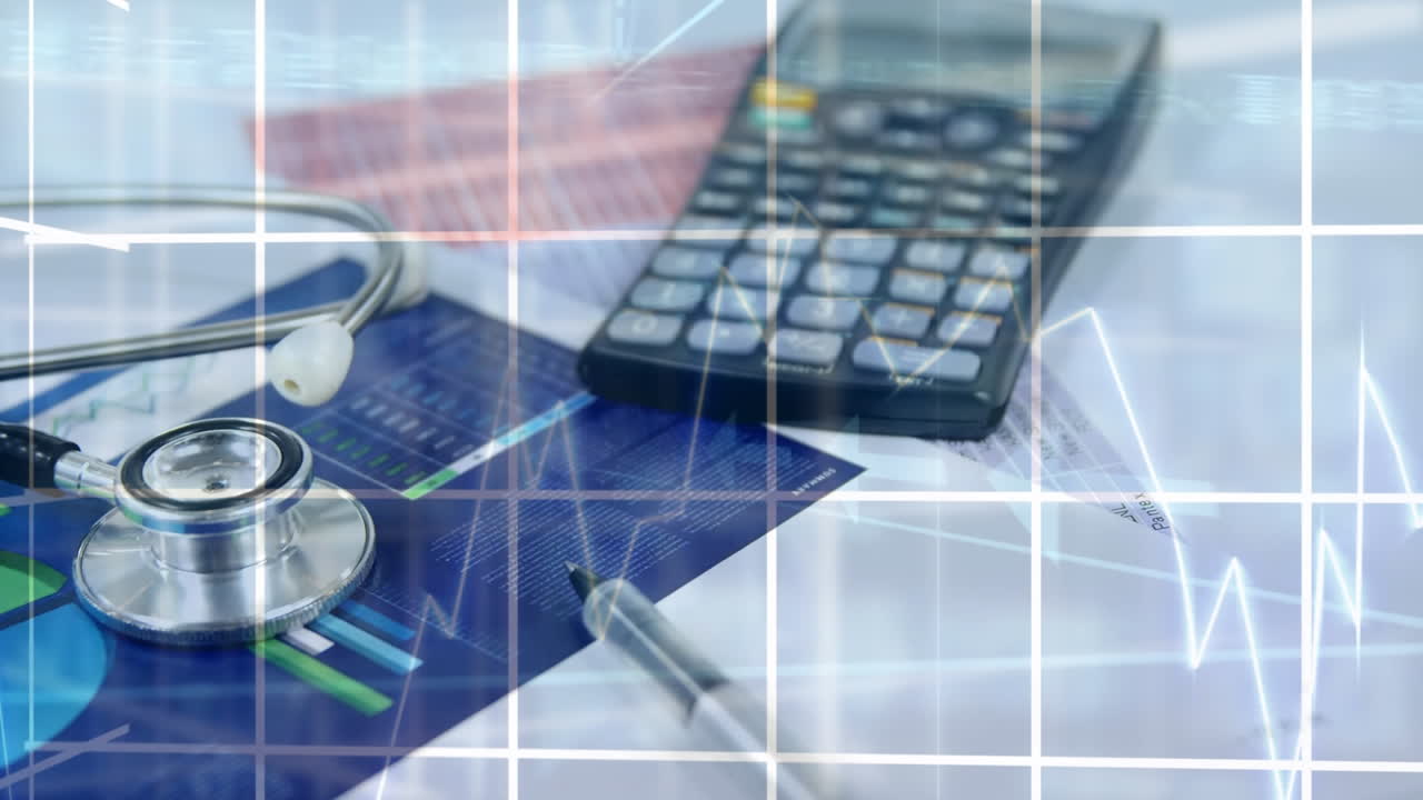 Elaborazione di dati finanziari con sullo sfondo una calcolatrice e uno stetoscopio.