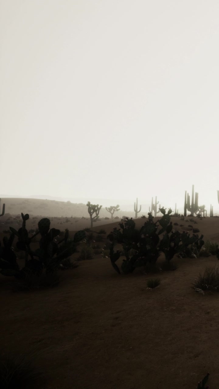 Cactus e tempesta di sabbia in un paesaggio desertico durante le ore diurne velate