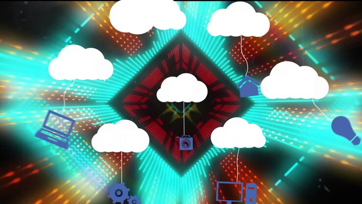 Animation of clouds with icons over neon shapes on black background